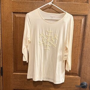 Coldwater Creek Cream Pullover Top With Crystal Snowflake Design Large NWT